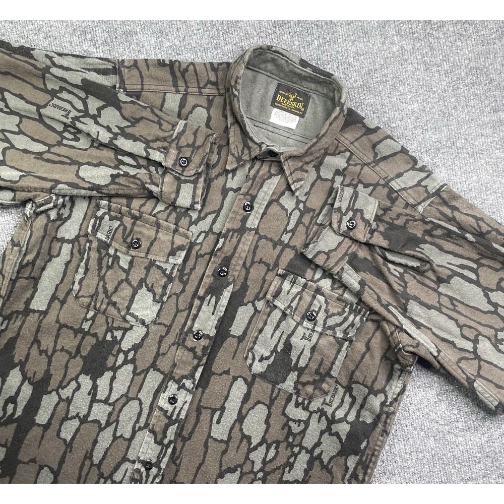 Vintage Melton Deerskin Shirt Mens Large TreBark Camo Chamois Hunting Pockets